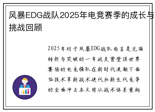 风暴EDG战队2025年电竞赛季的成长与挑战回顾